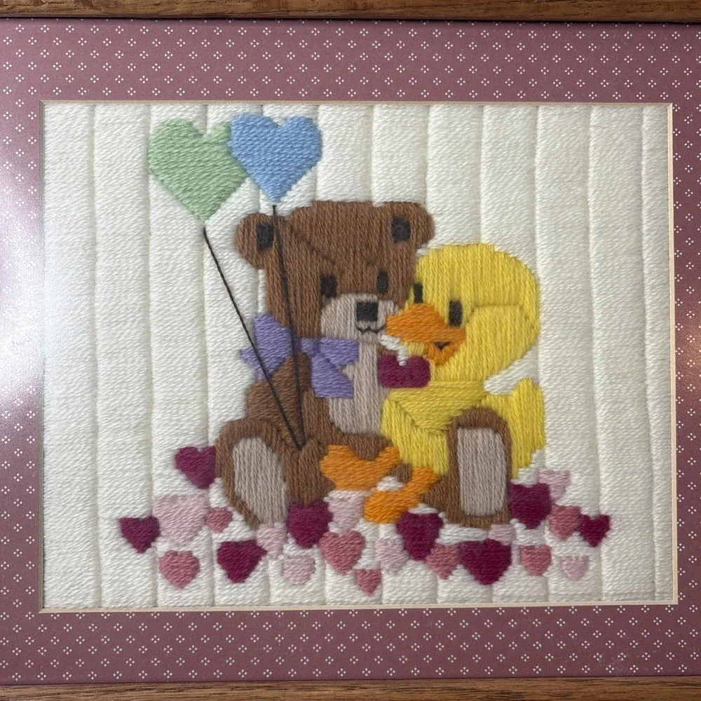 Vtg Crewel Embroidery Creative Circles Little Buddies Bear Duck Framed‎ Picture